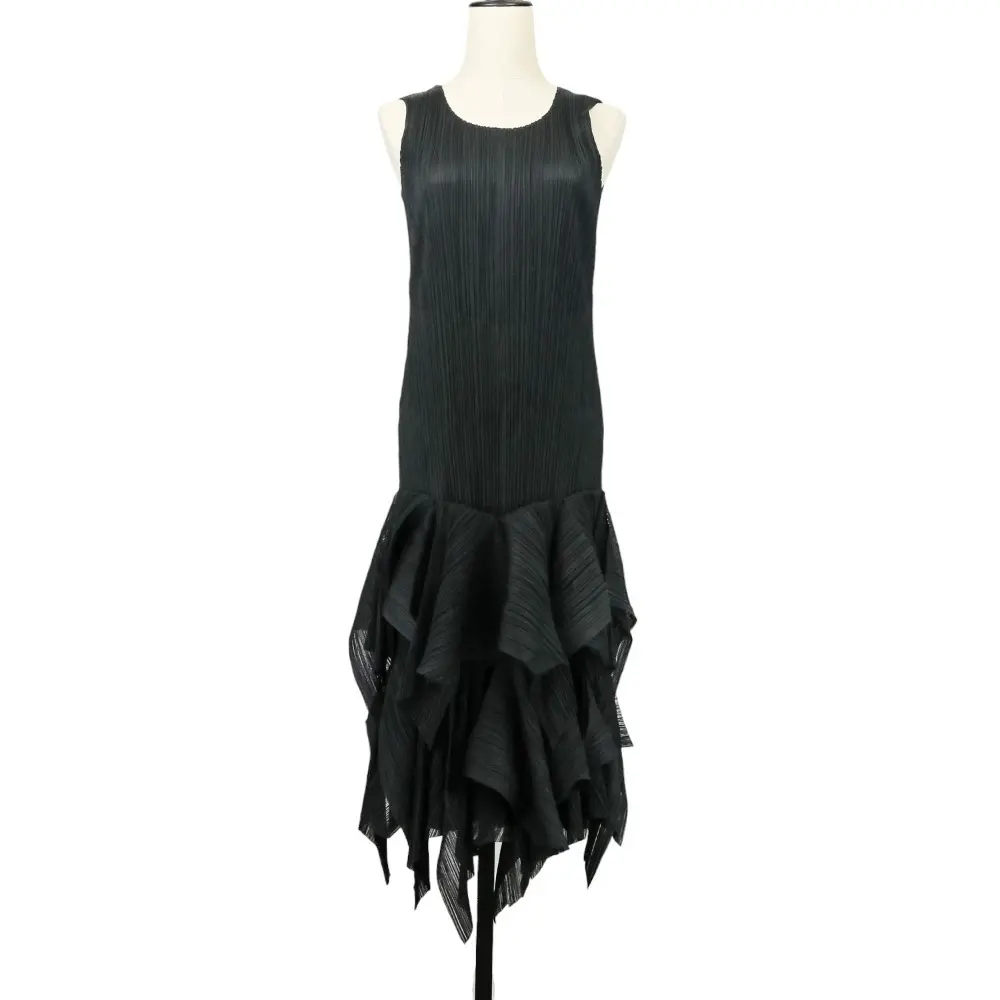 PLEATS PLEASE ISSEY MIYAKE プリーツプリーズ イッセイミヤケ フリル ノースリーブ ワンピース PP73-JH694 サイズ3 ブラック