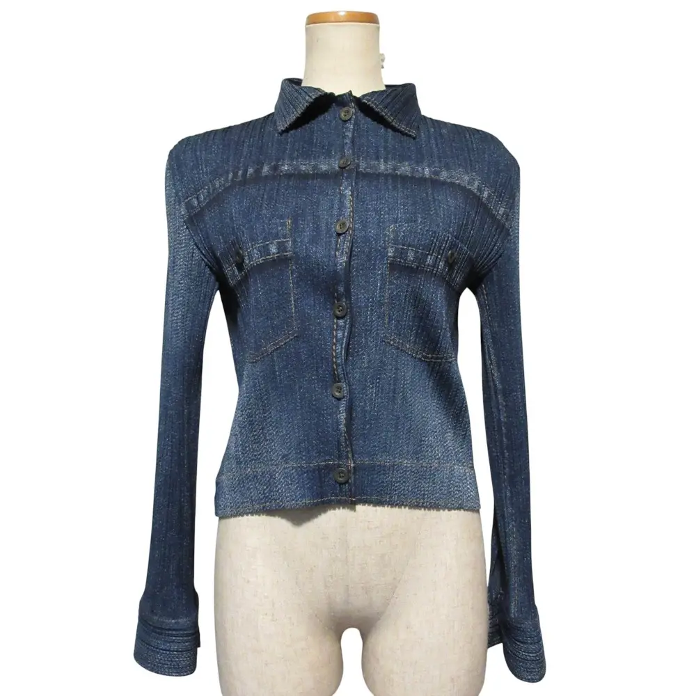 PLEATS PLEASE プリーツプリーズ イッセイミヤケ デニム転写 長袖シャツ ブラウス PP23-JD921 サイズ3 ブルー