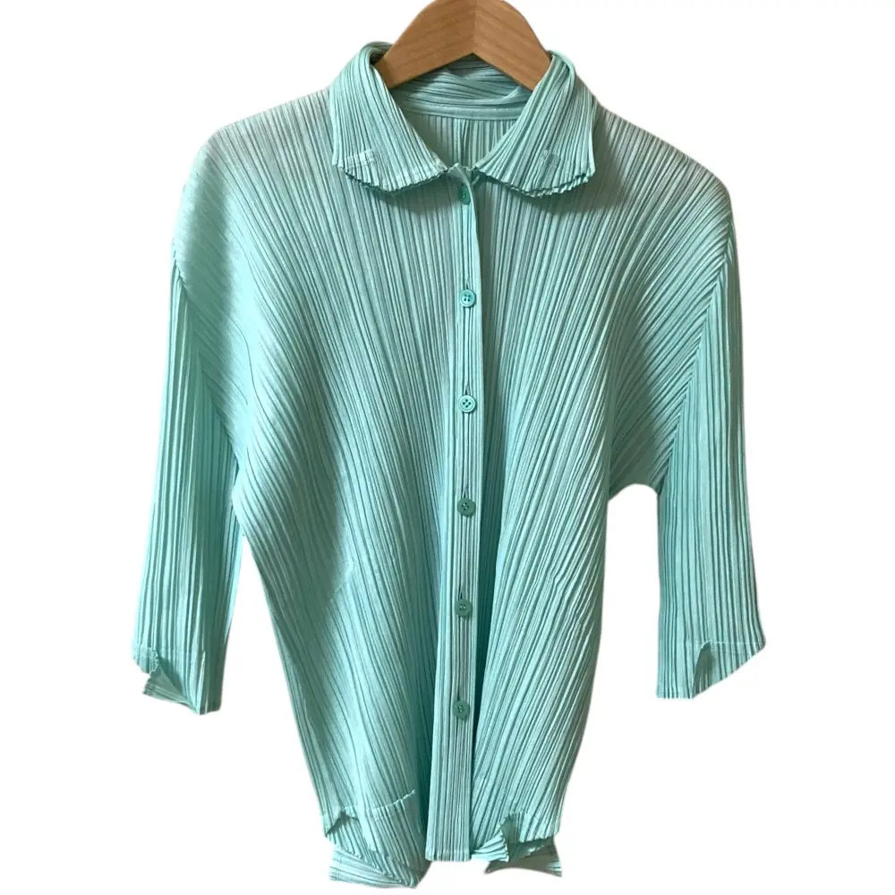 PLEATS PLEASE プリーツプリーズ イッセイミヤケ ダブルカラー ハーフスリーブ ブラウス PP53-JJ103 サイズ4 ミントグリーン