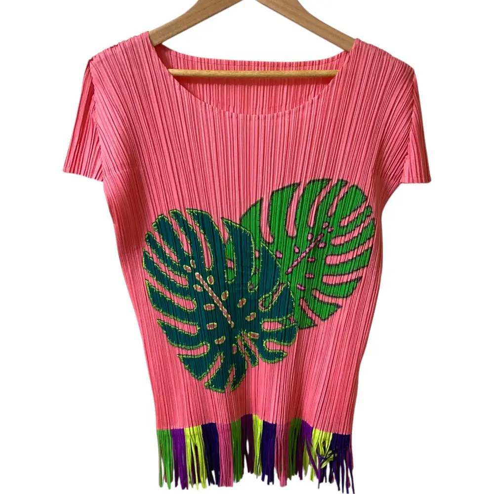 PLEATS PLEASE ISSEY MIYAKE プリーツプリーズ イッセイミヤケ リーフプリントフリンジカットソー PP91-JK572 サイズ3 ピンク