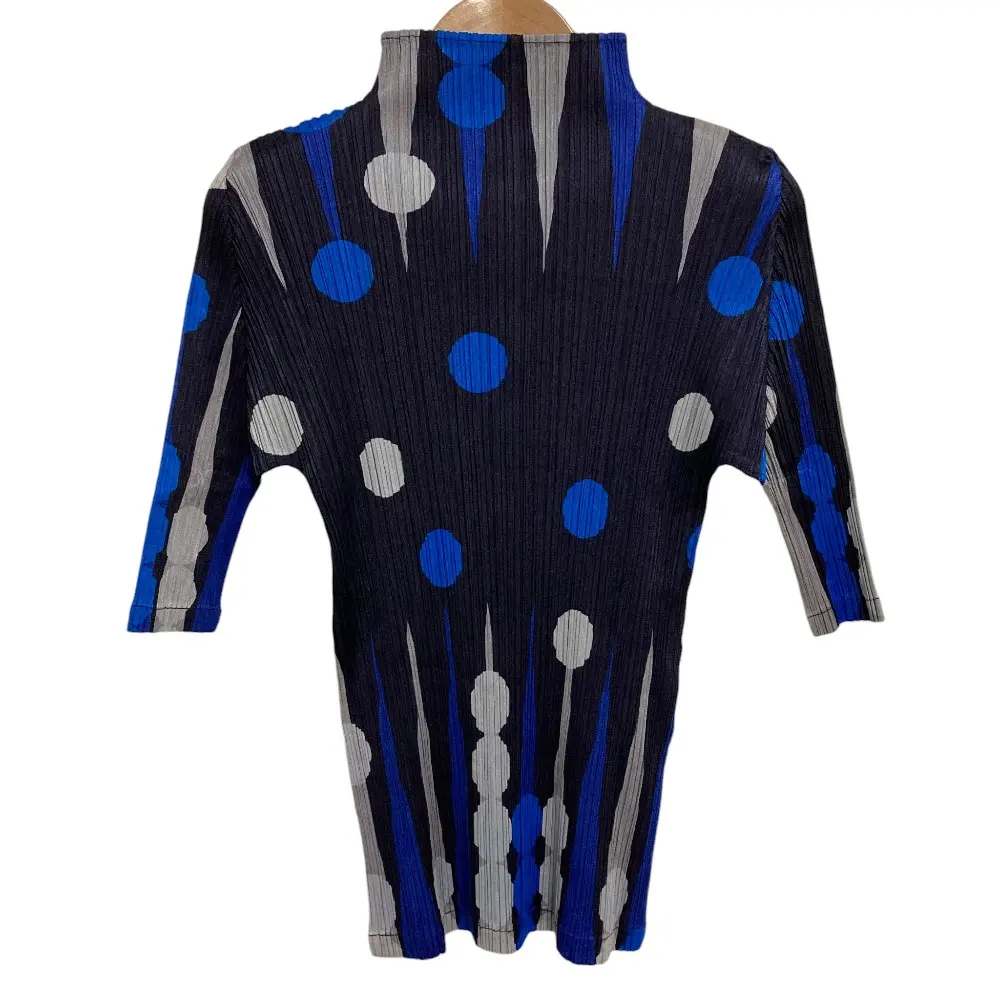 PLEATS PLEASE プリーツプリーズ イッセイミヤケ ドット柄 ハイネック ハーフスリーブカットソー サイズ3 ネイビー ブルー