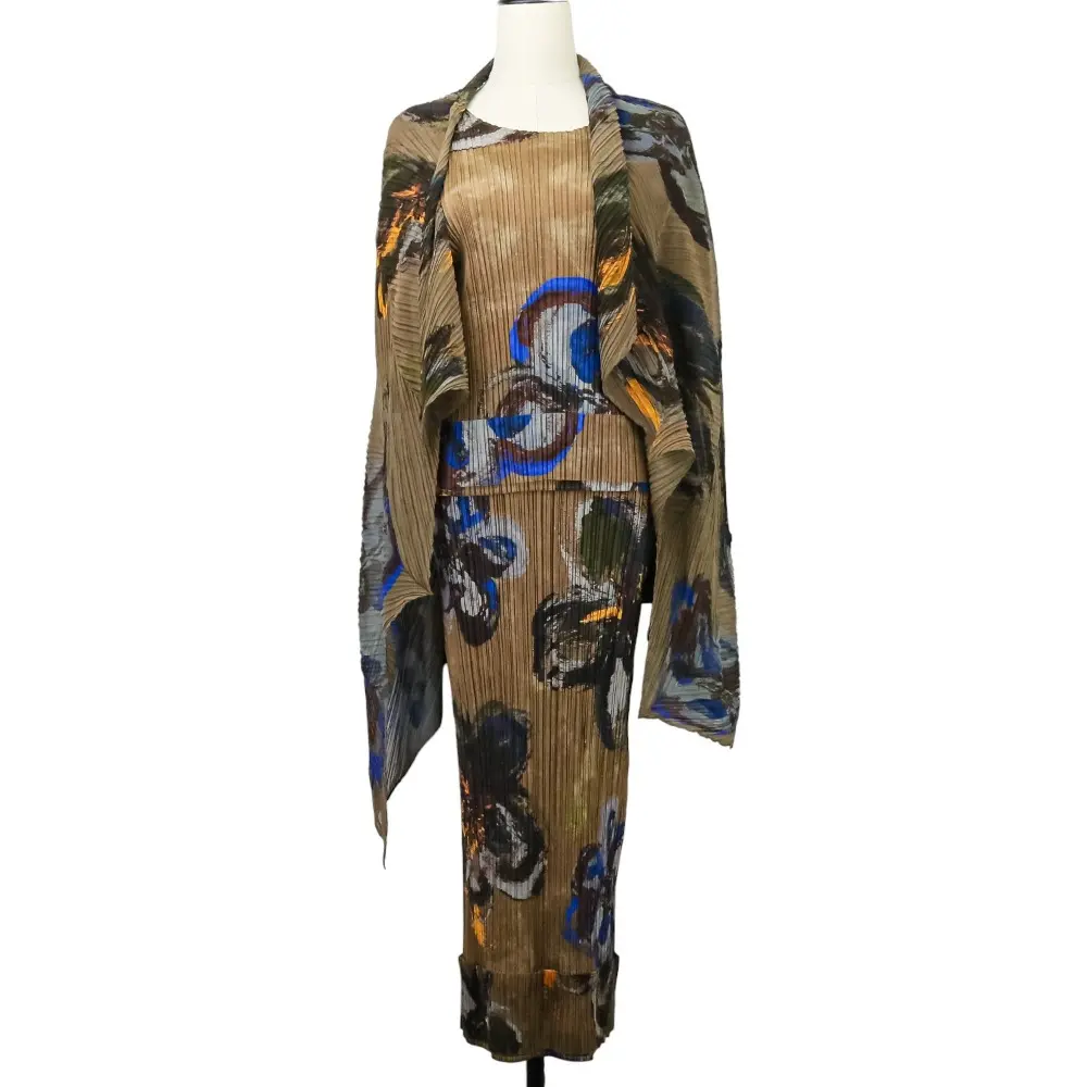 プリーツプリーズ イッセイミヤケ ロングワンピース トップス ショール 3点セット PP61-JK752/PP61-JH755 ブラウン