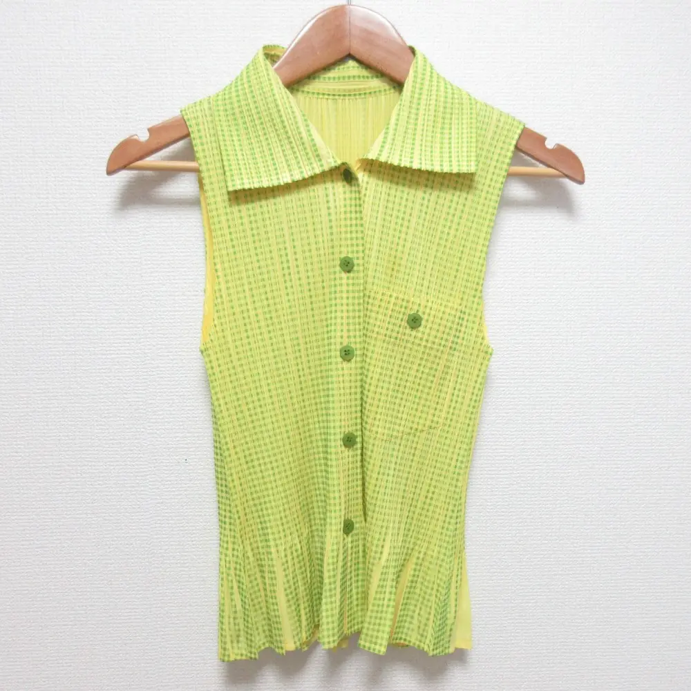 PLEATS PLEASE プリーツプリーズ イッセイミヤケ チェック ノースリーブ シャツ PP22-JE851 サイズ3 イエロー