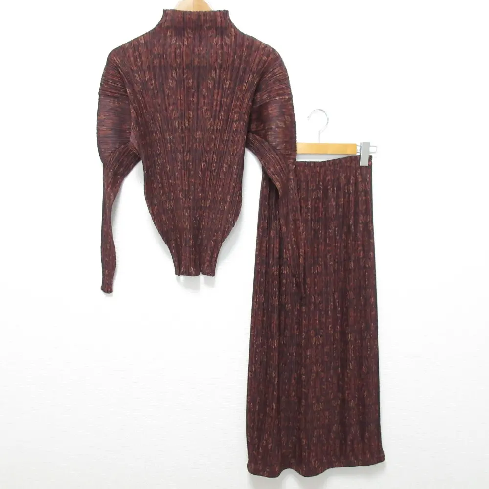 PLEATS PLEASE プリーツプリーズ イッセイミヤケ ハイネック カットソー イージースカート セットアップ サイズ3 2 ブラウン