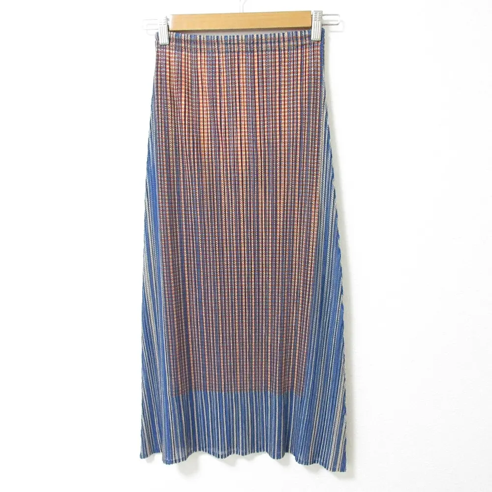プリーツプリーズ イッセイミヤケ ストライプ メッシュ ロングスカート イージースカート PP14-JG165 サイズ1 ブルー オレンジ