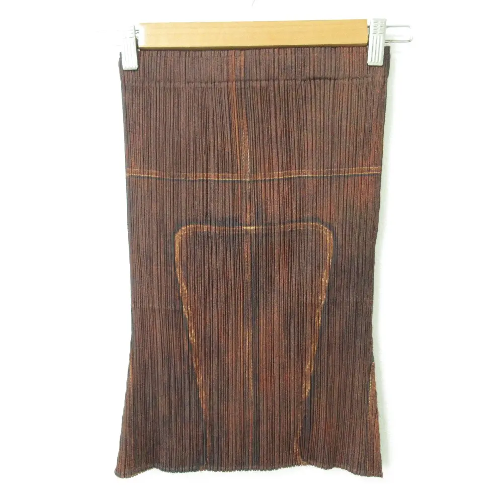 プリーツプリーズ イッセイミヤケ 転写プリント ミニスカート イージースカート PP14-JG466 サイズ3 ブラウン