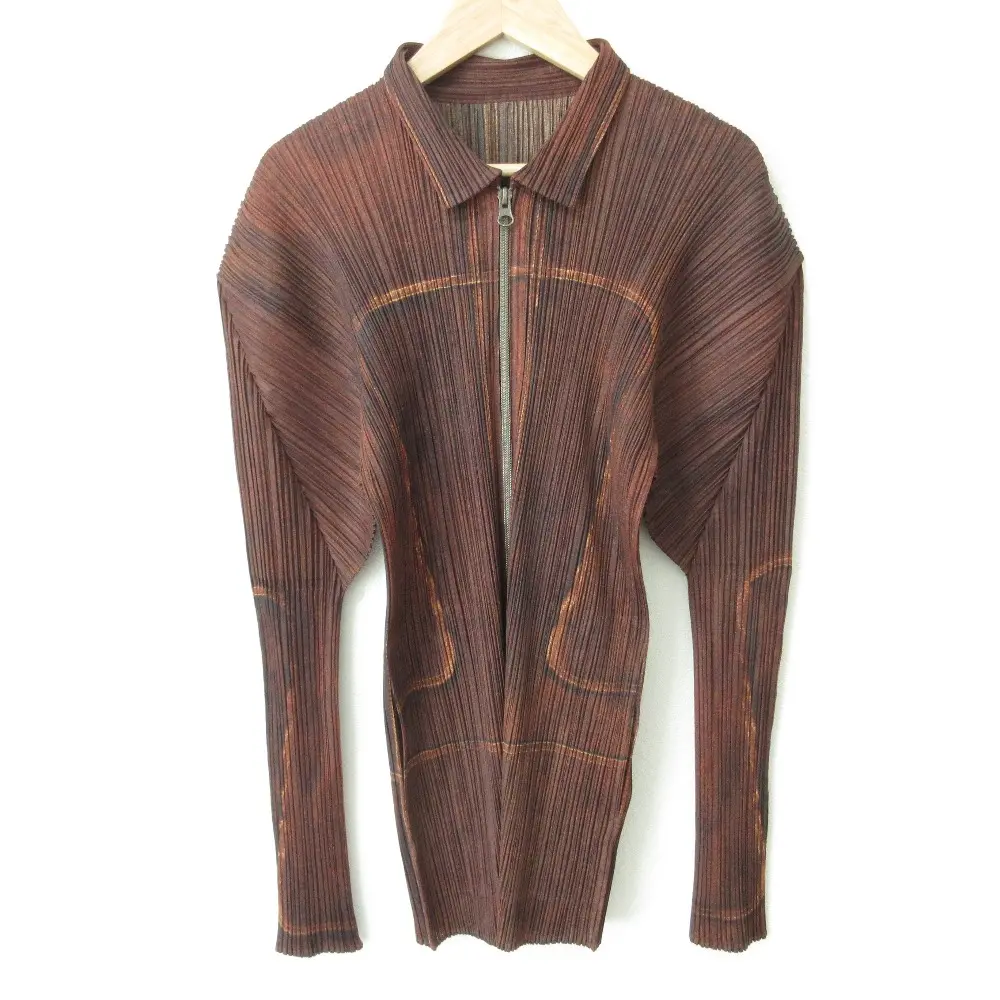 PLEATS PLEASE ISSEY MIYAKE プリーツプリーズ イッセイミヤケ 転写プリント ジップアップ シャツ PP14-JC464 サイズ3 ブラウン