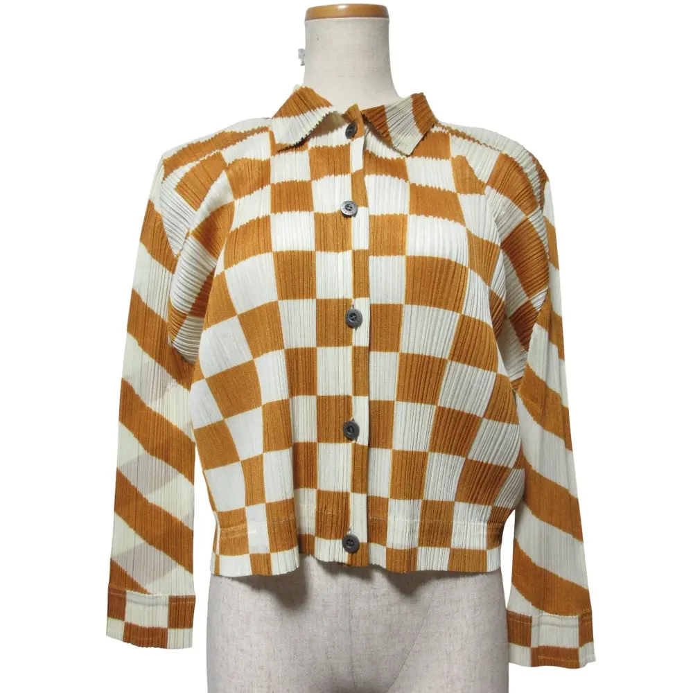 PLEATS PLEASE プリーツプリーズ イッセイミヤケ チェックプリント ロングスリーブシャツ PP31-JD811 サイズ3 イエロー ベージュ