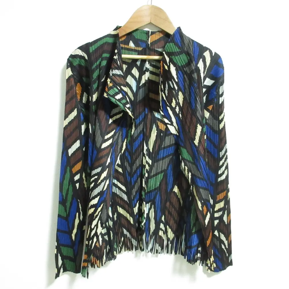 PLEATS PLEASE プリーツプリーズ イッセイミヤケ シェブロンプリント 裾フリンジカーディガン PP23-JO657 サイズ3 マルチカラー