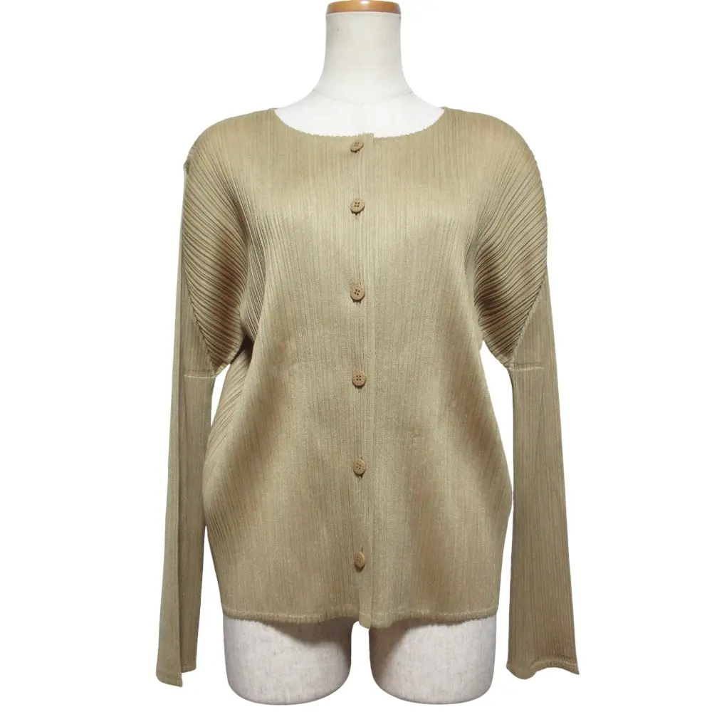 PLEATS PLEASE ISSEY MIYAKE プリーツプリーズ イッセイミヤケ ノーカラーシャツ ブラウス PP93-JO148 サイズ4 ベージュ