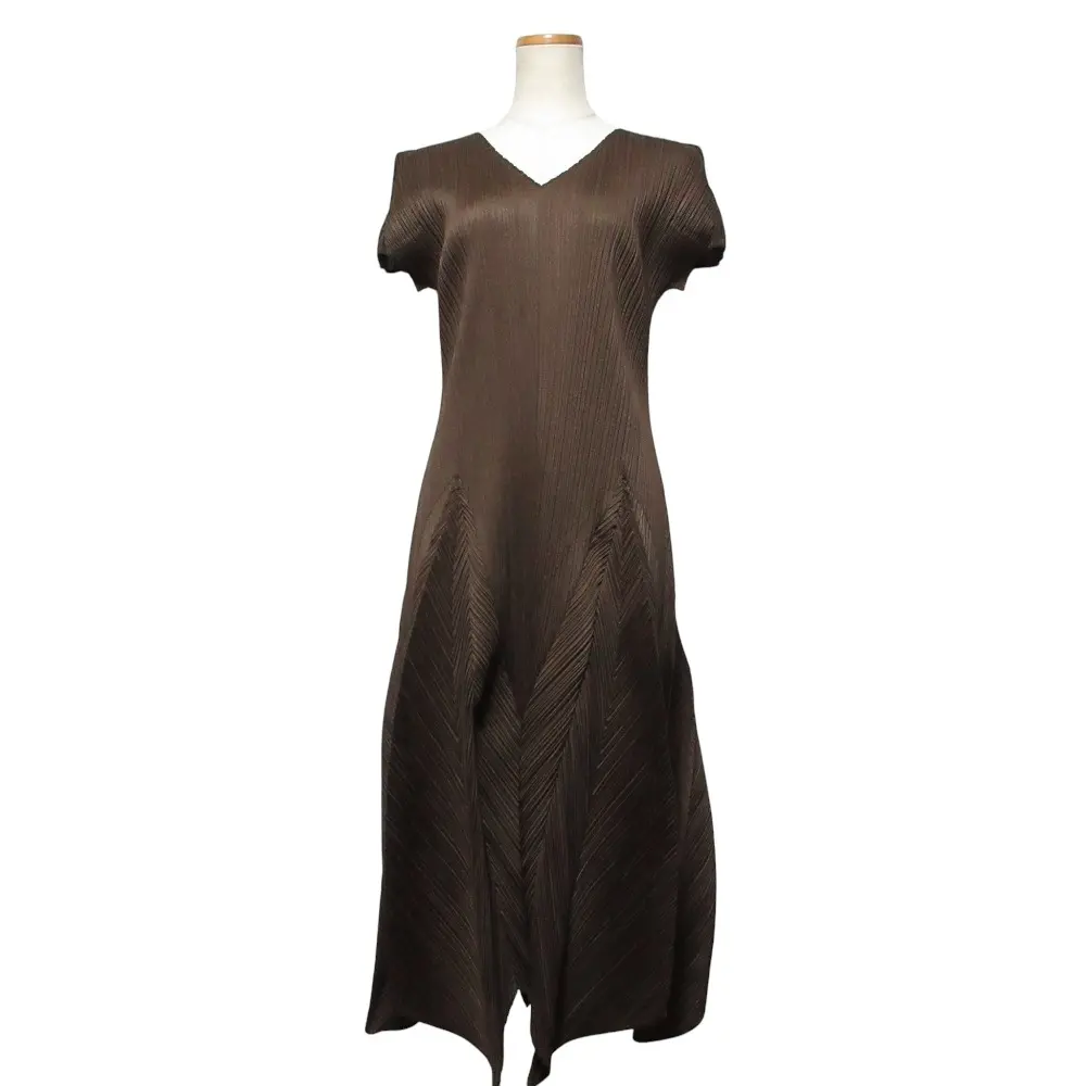 PLEATS PLEASE ISSEY MIYAKE プリーツプリーズ イッセイミヤケ Vネック ワンピース PP73-JH166 サイズ3 ブラウン