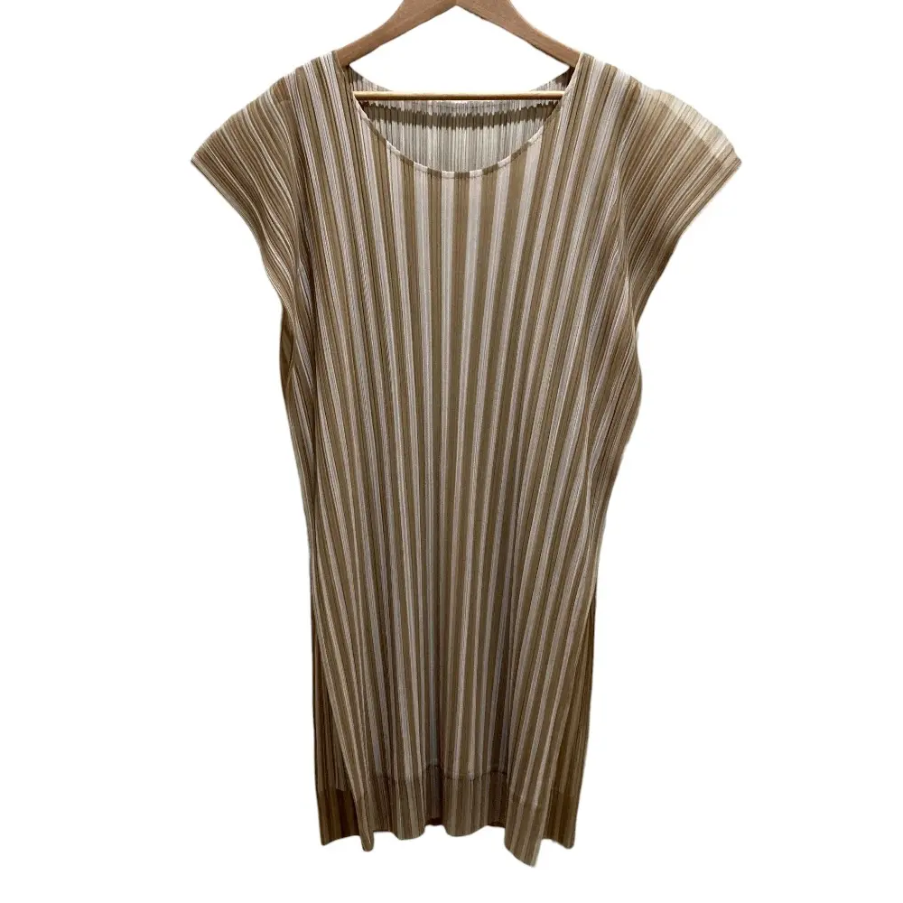 PLEATS PLEASE ISSEY MIYAKE プリーツプリーズ イッセイミヤケ ストライプ シアー ワンピース PP41-JT677 SIZE3 ベージュ