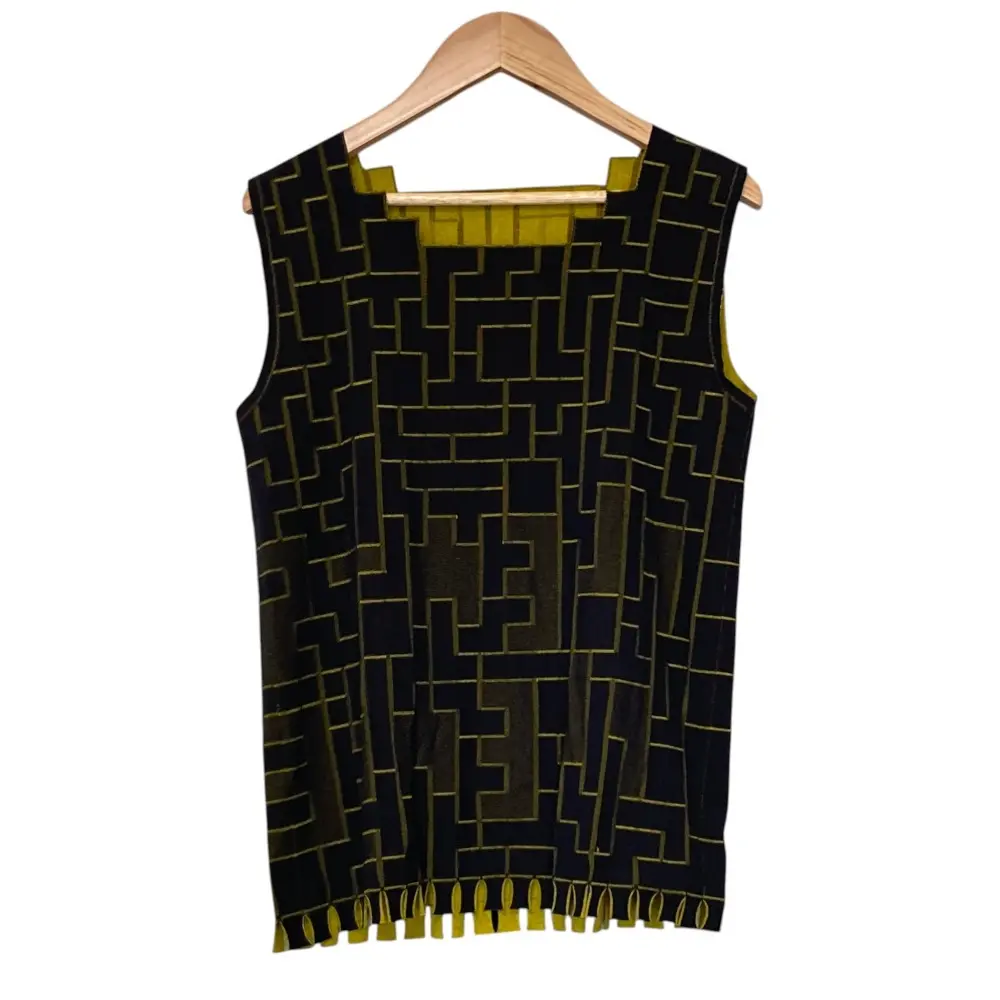 PLEATS PLEASE プリーツプリーズ イッセイミヤケ A-POC タイル ブロック ノースリーブ ニット カットソー ブラック イエロー