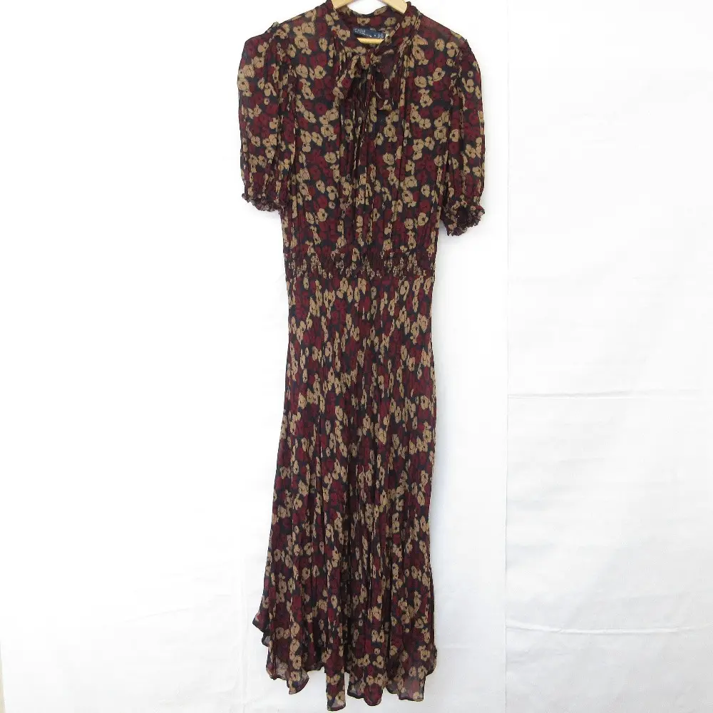 Polo by Ralph Lauren ポロラルフローレン フローラル タイネック ジョーゼット ドレス 半袖 ロングワンピース M ネイビー系