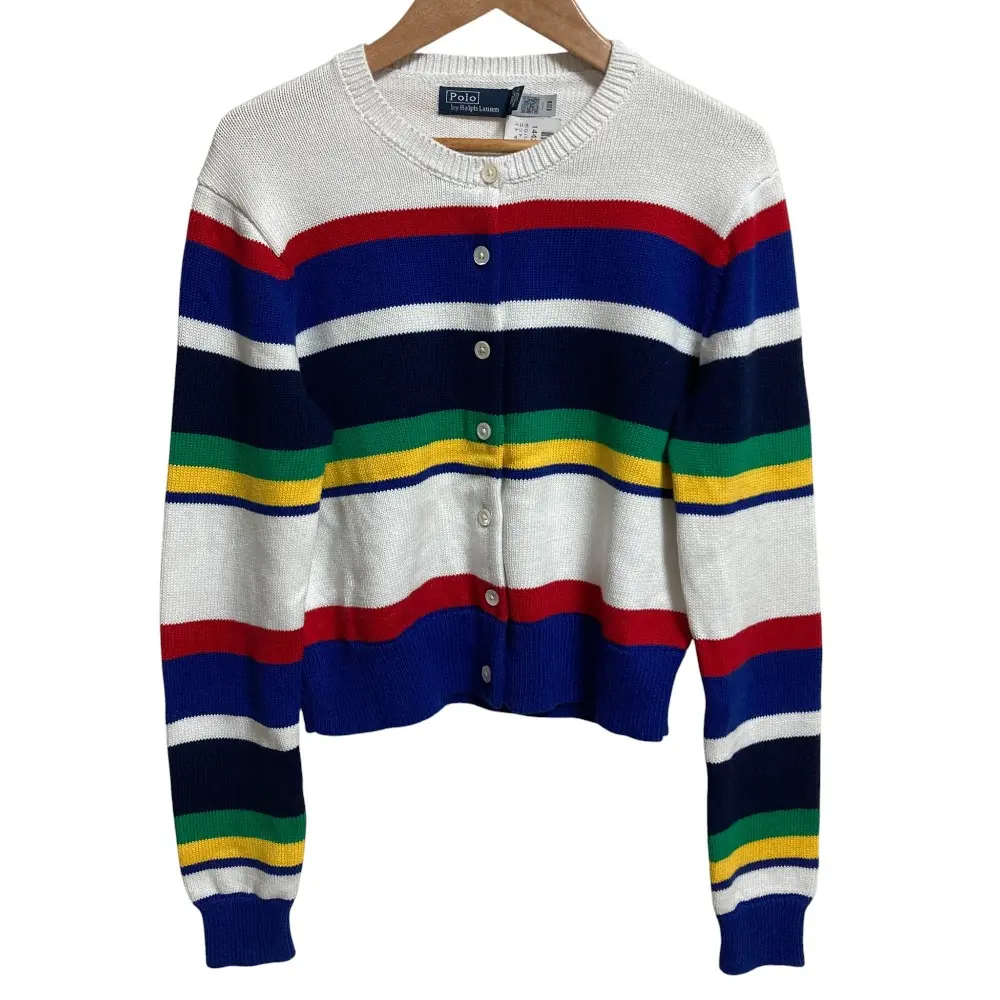 Polo by RALPH LAUREN ポロラルフローレン 配色 ボーダー クロップド ニット カーディガン Sサイズ ホワイト マルチカラー