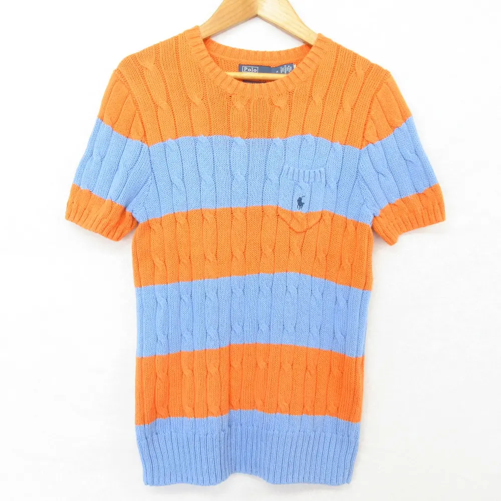POLO by RALPH LAUREN ポロバイラルフローレン ストライプド ケーブルニット ショートスリーブ セーター M オレンジ ブルー