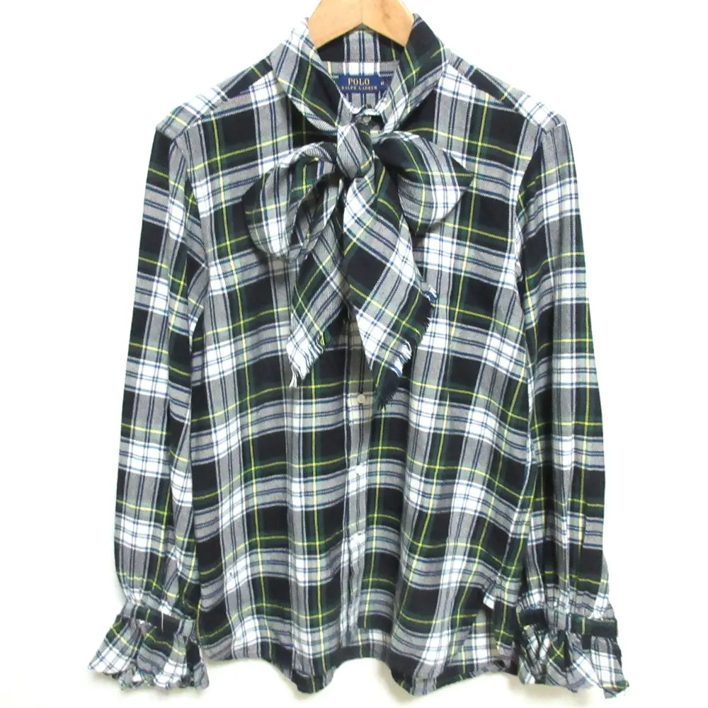 POLO RALPH LAUREN ポロラルフローレン タータンチェック柄 ボウタイ付き フリルスリーブ ネルシャツ ブラウス M ネイビー×グリーン