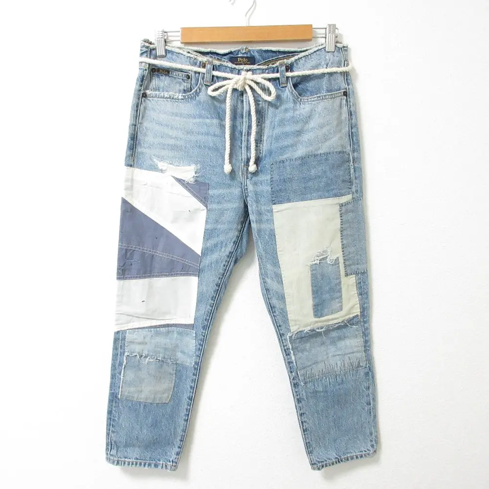 POLO RALPH LAUREN ポロラルフローレン THE AVERY BOYFRIEND パッチワーク リペア加工 ベルト付 デニムパンツ ジーンズ W28 ブルー系