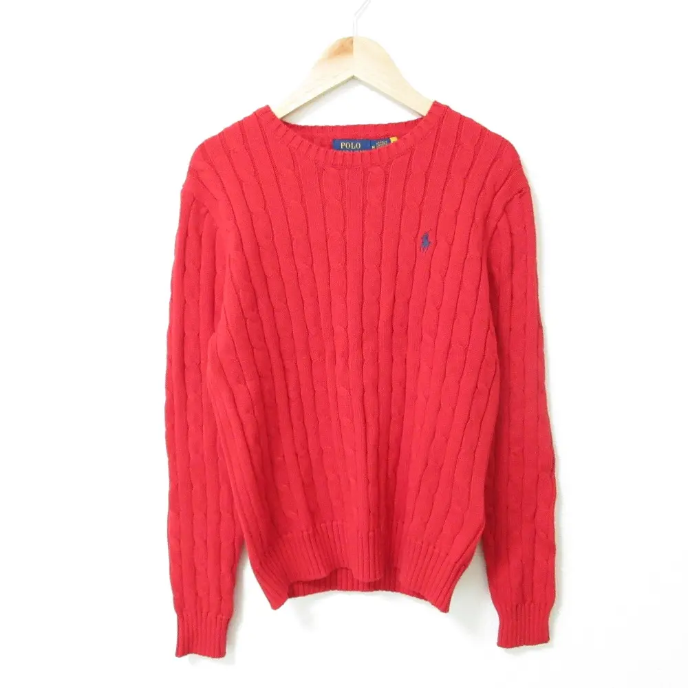 POLO RALPH LAUREN ポロラルフローレン コットン ロゴ刺繍 クルーネック 長袖 ケーブルニット セーター M レッド