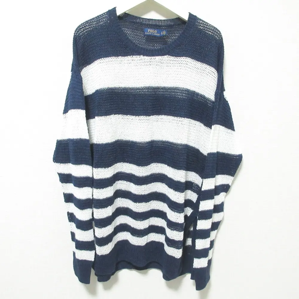POLO RALPH LAUREN ポロラルフローレン ボーダー柄 リネン100％ サマーニット プルオーバー セーター XL ネイビー×ホワイト