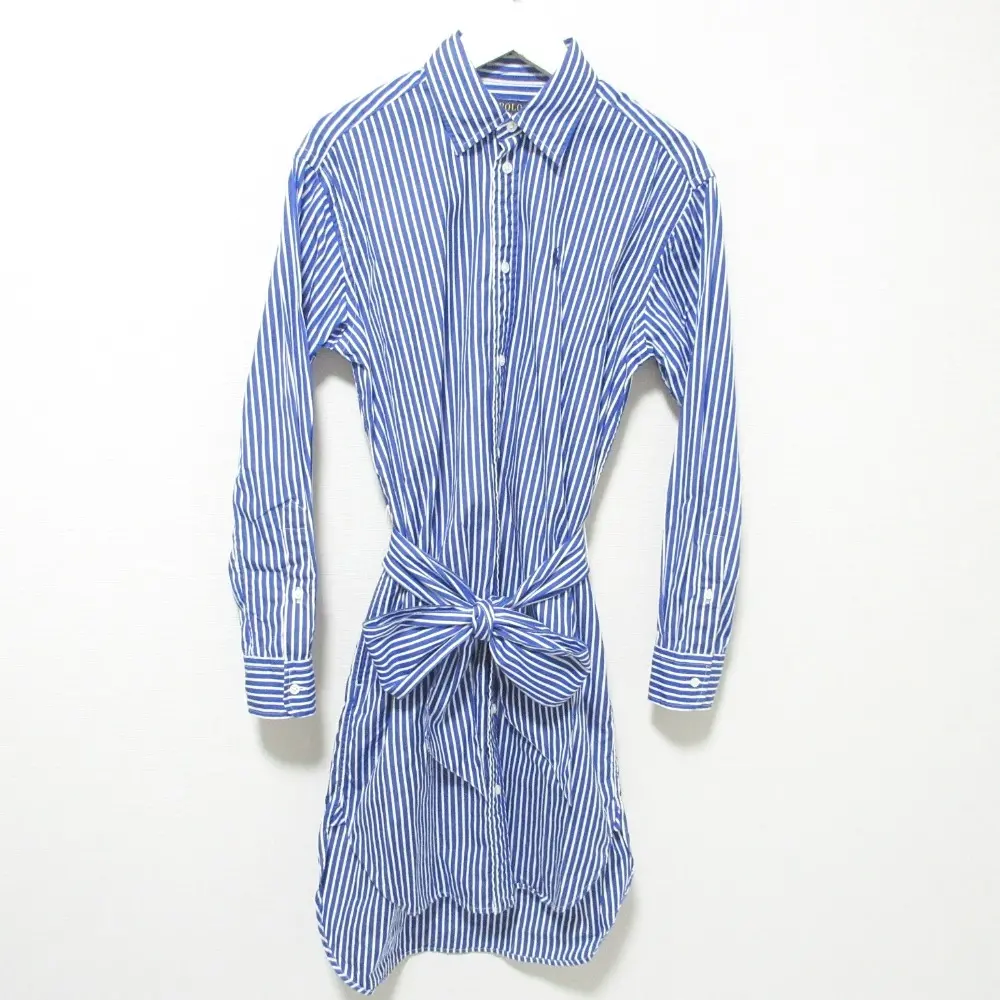 POLO RALPH LAUREN ポロラルフローレン ストライプ柄 長袖 ベルテッド シャツワンピース チュニック 2 ブルー×ホワイト