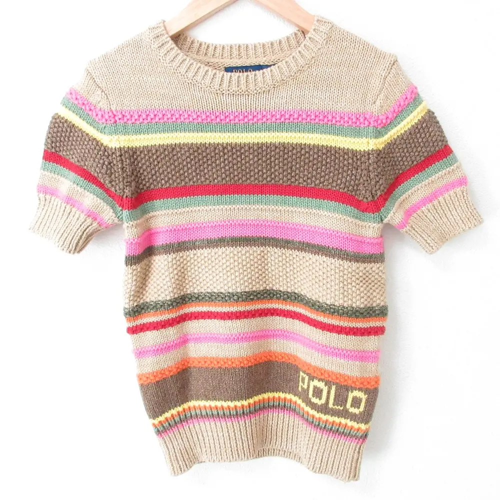 POLO RALPH LAUREN ポロラルフローレン 配色 ボーダー ロゴ リネンブレンド ショートスリーブ ニット セーター XS マルチカラー