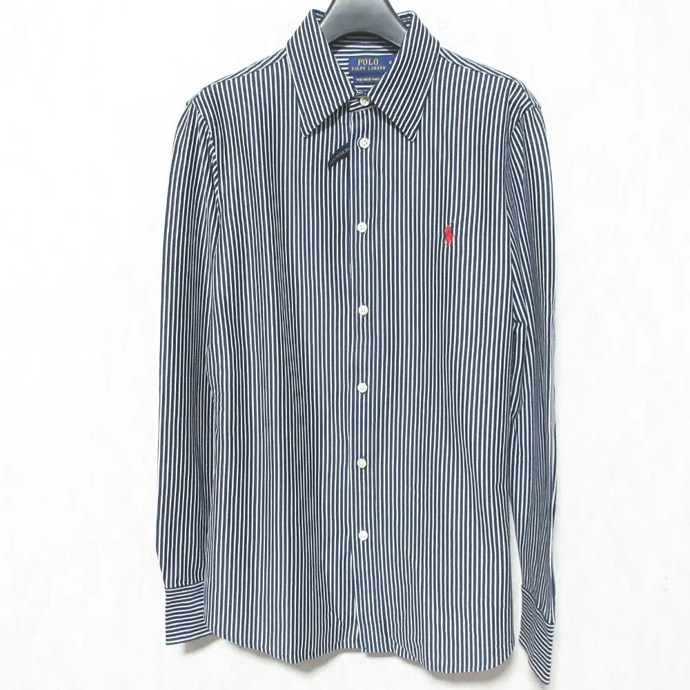 POLO RALPH LAUREN ポロラルフローレン ストライプ柄 ニットドレスシャツ 長袖 ブラウス M ネイビー系