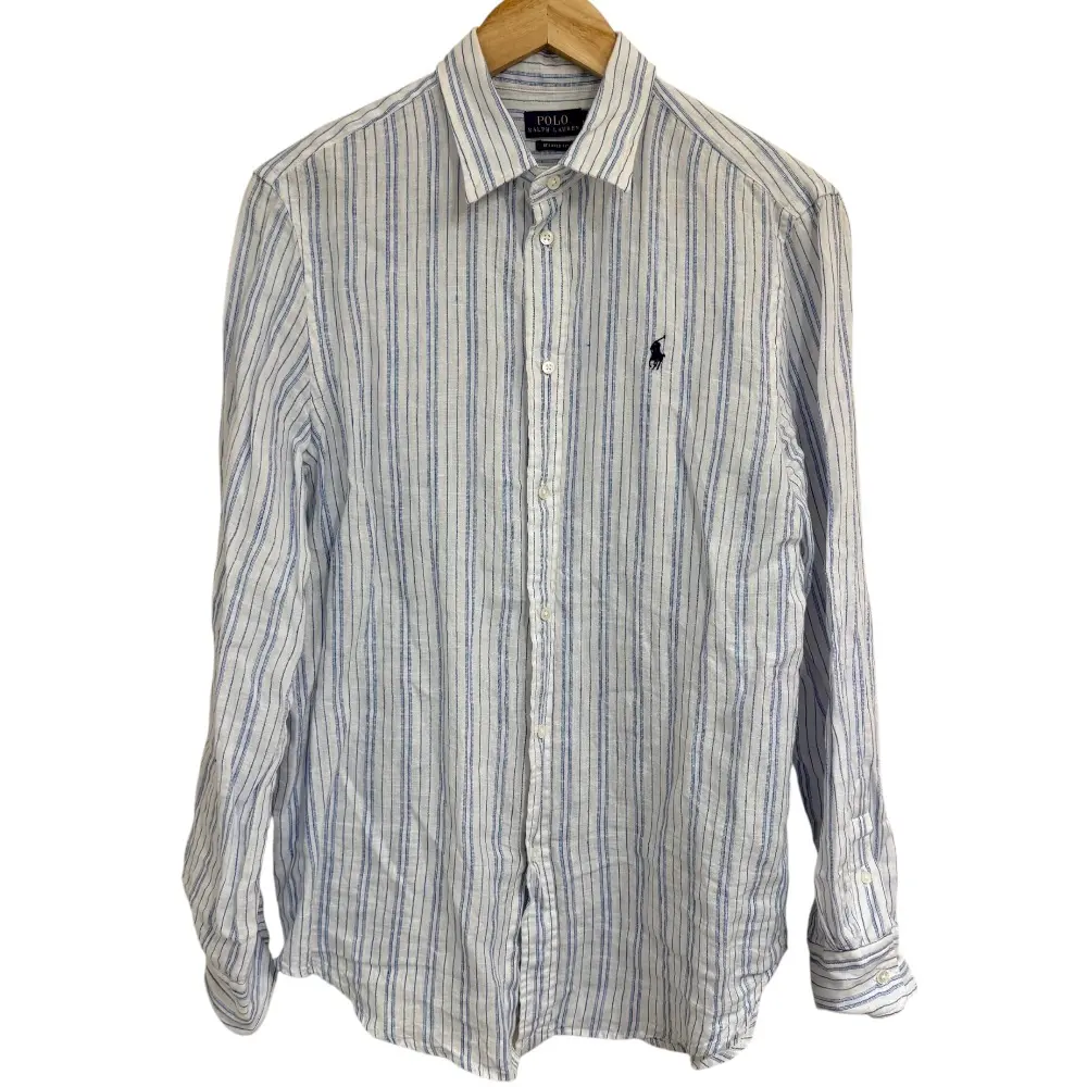POLO RALPH LAUREN ポロラルフローレン リラックスフィット ストライプ柄 長袖 リネンシャツ ブラウス M ホワイト×ブルー