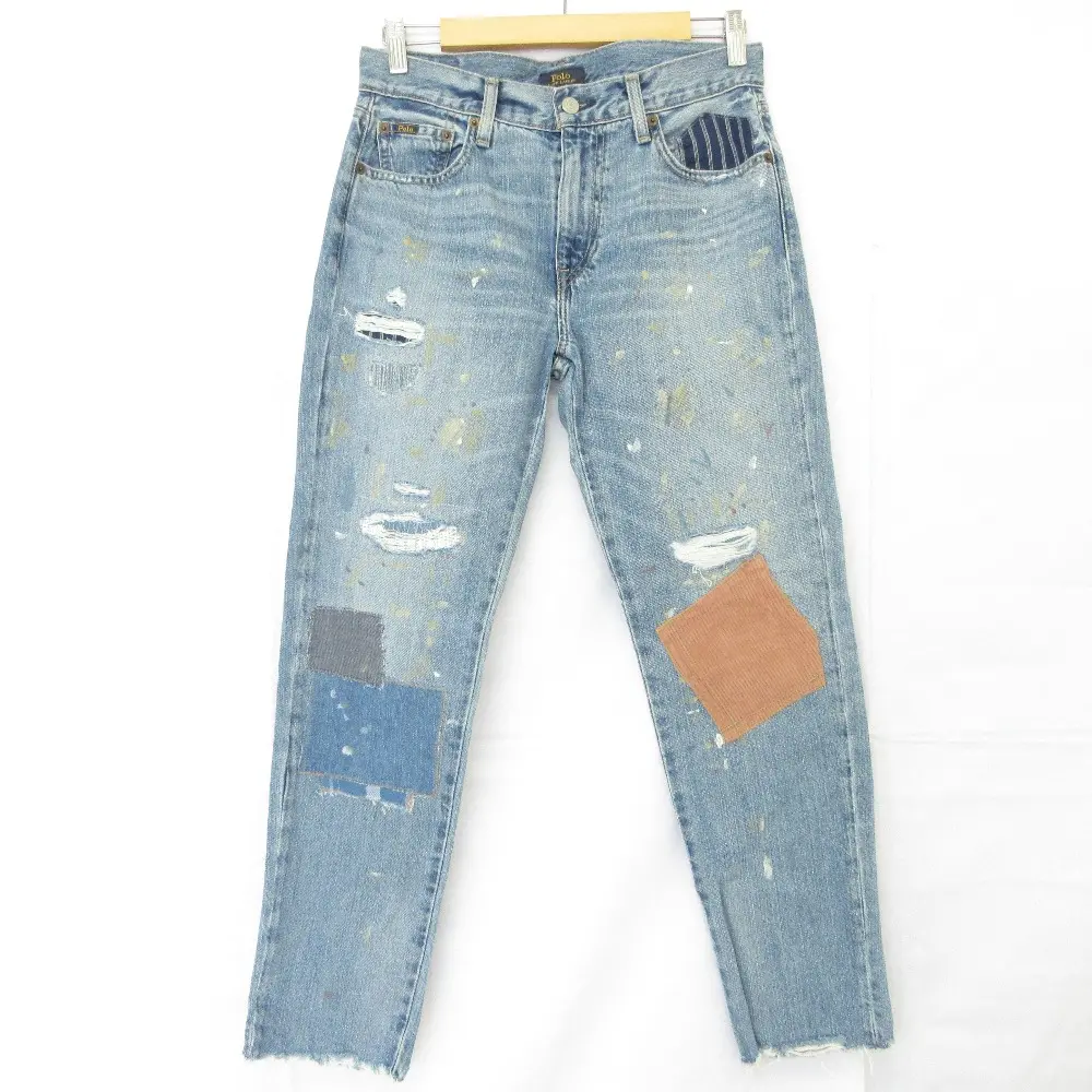 POLO RALPH LAUREN ポロラルフローレン AVERY BOYFRIEND カットオフ パッチワーク リペア デニムパンツ ジーンズ 25R ブルー
