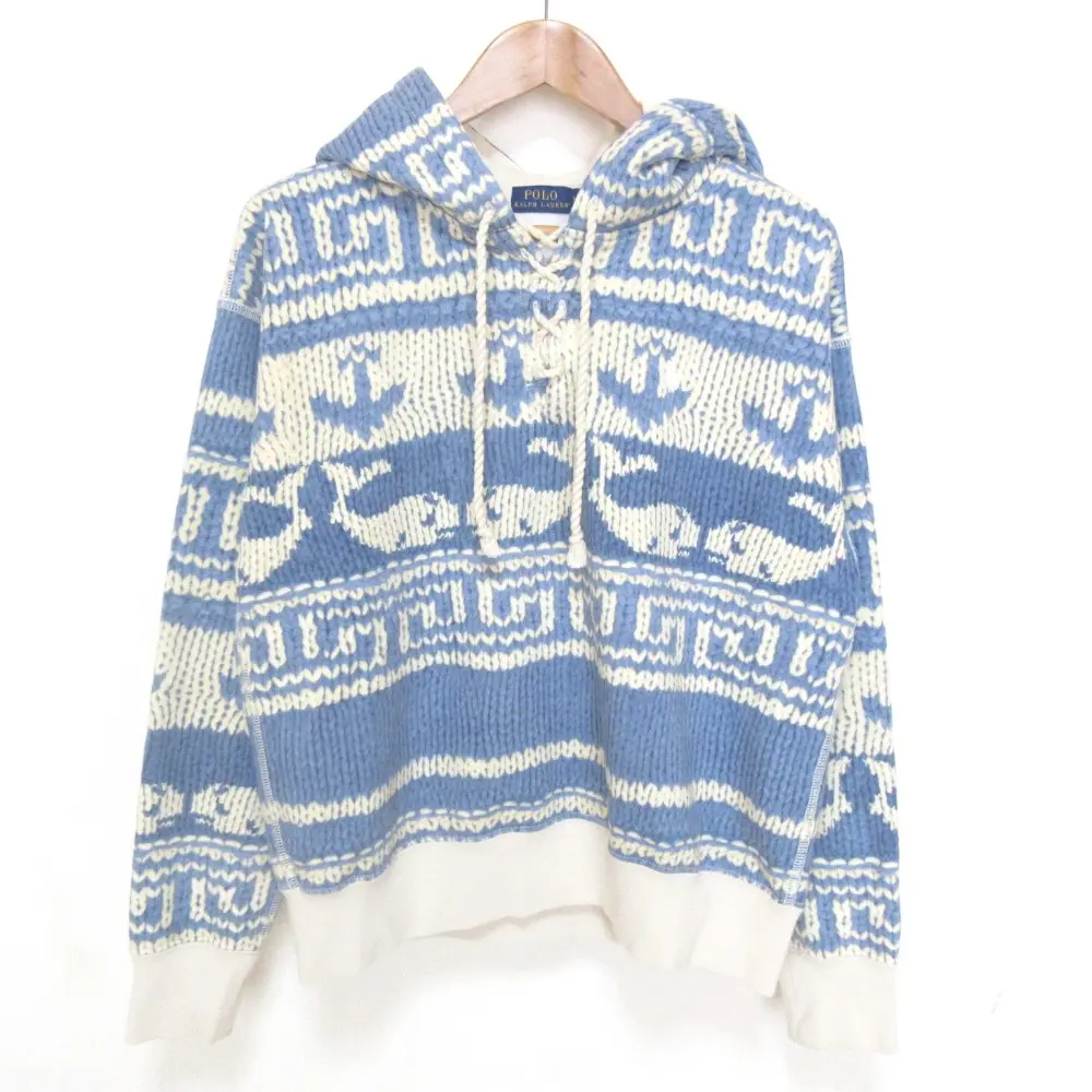 POLO RALPH LAUREN ポロラルフローレン ホエール柄 カウチン 転写プリント フーディー プルオーバー スウェット M ブルー