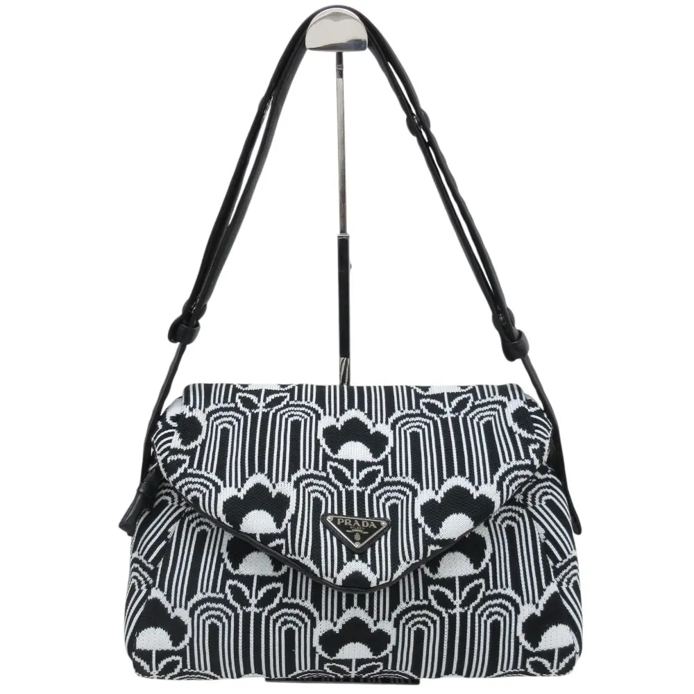 PRADA プラダ ジャガード×レザー ショルダーバッグ 1BC165 ブラック×ホワイト