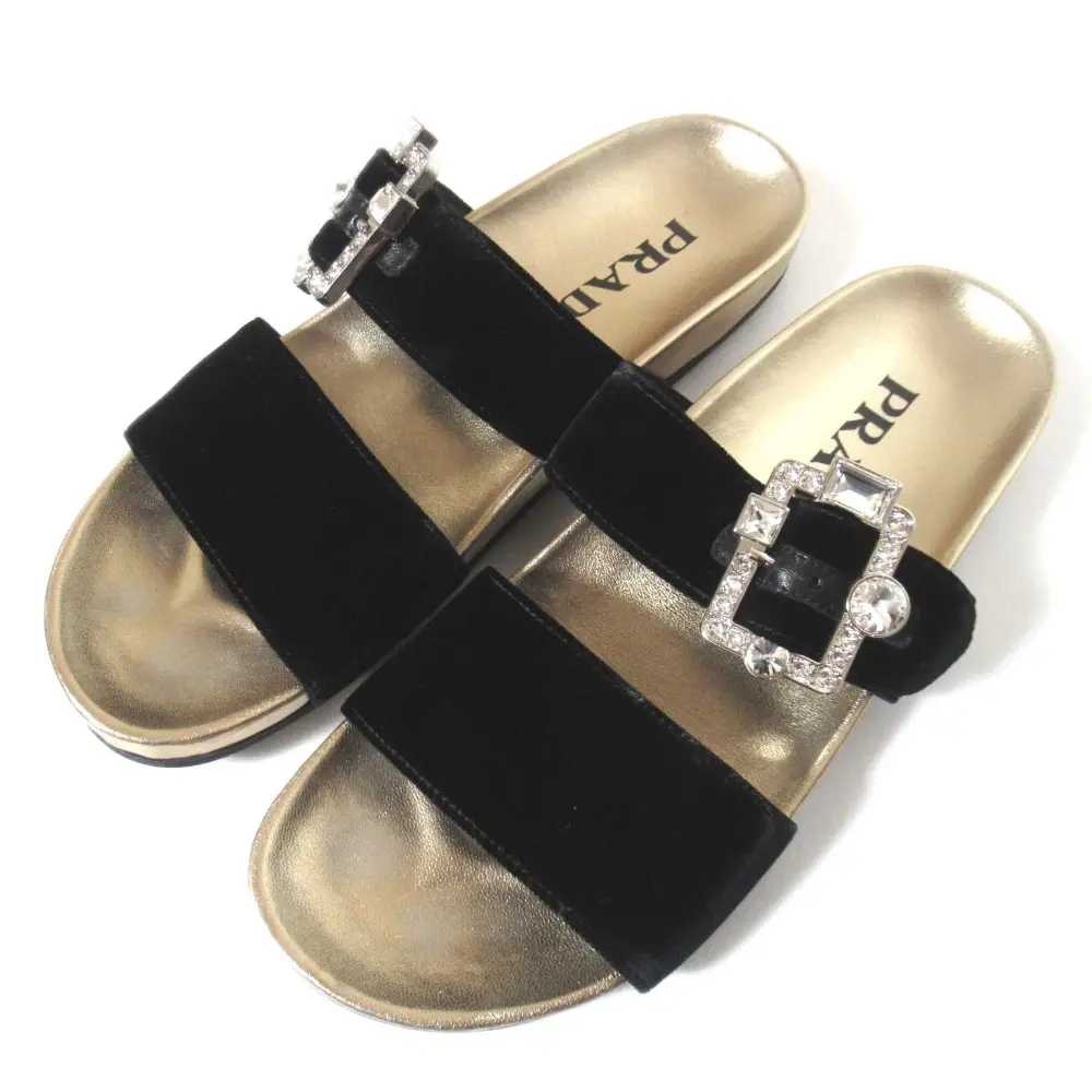 PRADA プラダ ビジューモチーフ ベロア フラットサンダル コンフォートサンダル 37.5 24.5cm ブラック×ゴールド シルバー金具