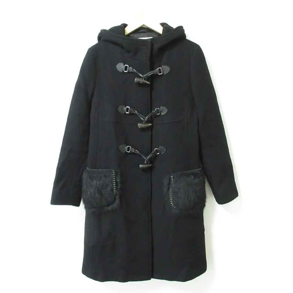 PRADA プラダ ウール100％ シープファーポケット付き ひざ丈 フーデット ダッフルコート 42 ブラック