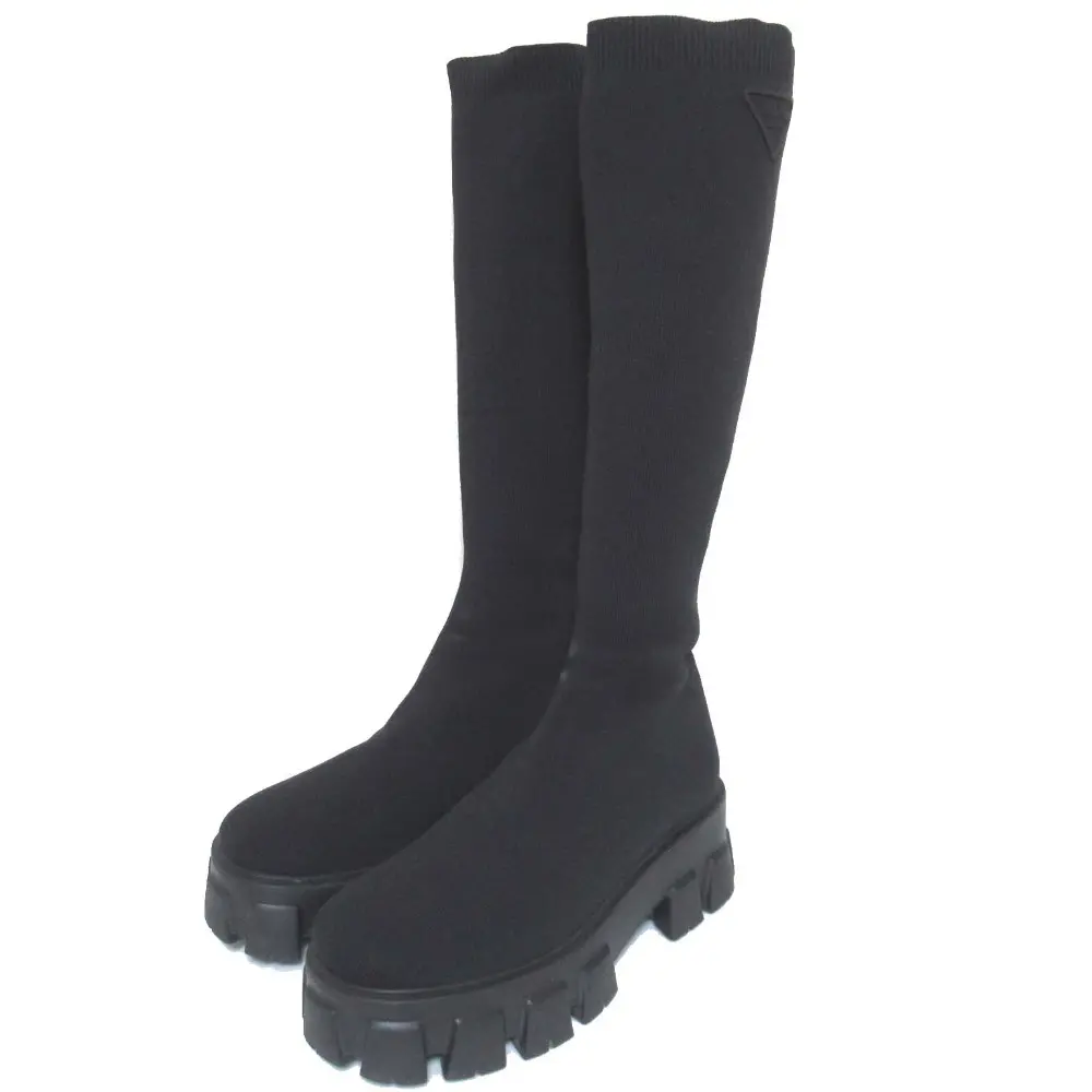 PRADA プラダ モノリス ラバーロゴ ソックスブーツ ロングブーツ 37.5サイズ 24.5cm相当 ブラック