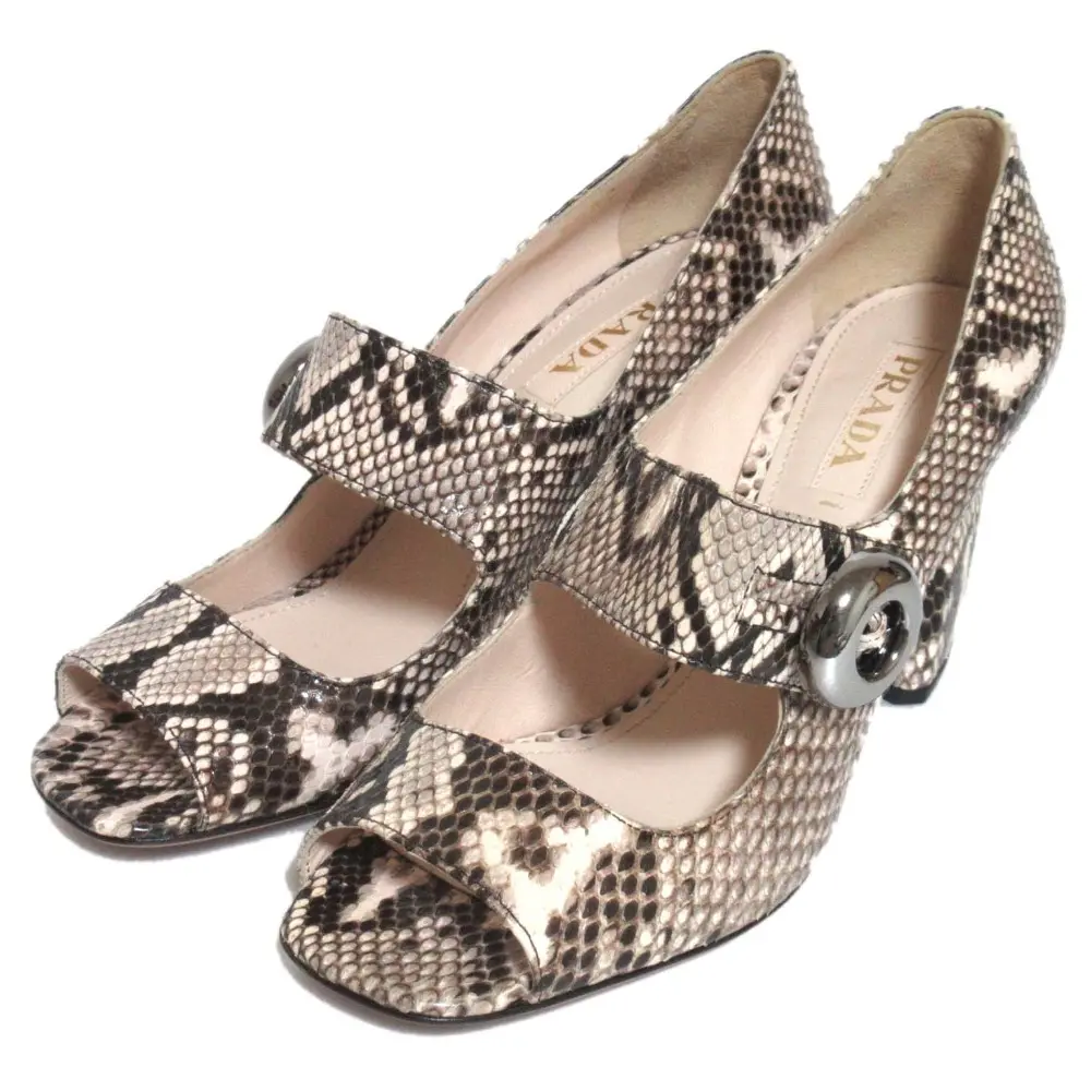 PRADA プラダ パイソンレザー チャンキーヒール ハイヒール オープントゥ パンプス 37サイズ 24cm相当 ピンクベージュ系