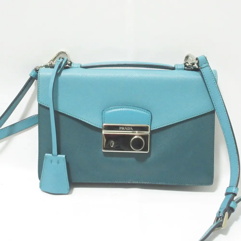 PRADA プラダ サフィアーノレザー バイカラー 2way ハンドバッグ クロスボディ ショルダーバッグ ブルー×グリーン