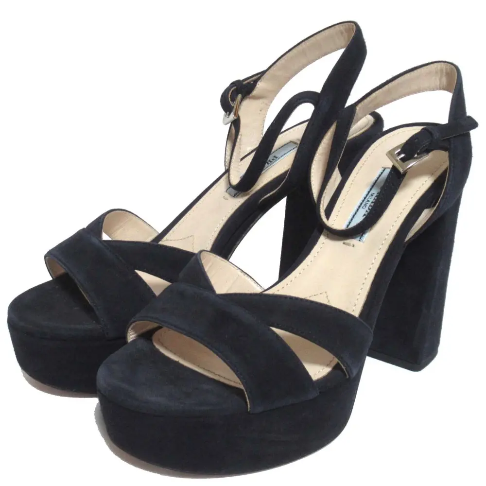 PRADA プラダ スエード チャンキーヒール ハイヒール アンクルストラップ サンダル 35.5サイズ 22.5cm相当 ダークネイビー