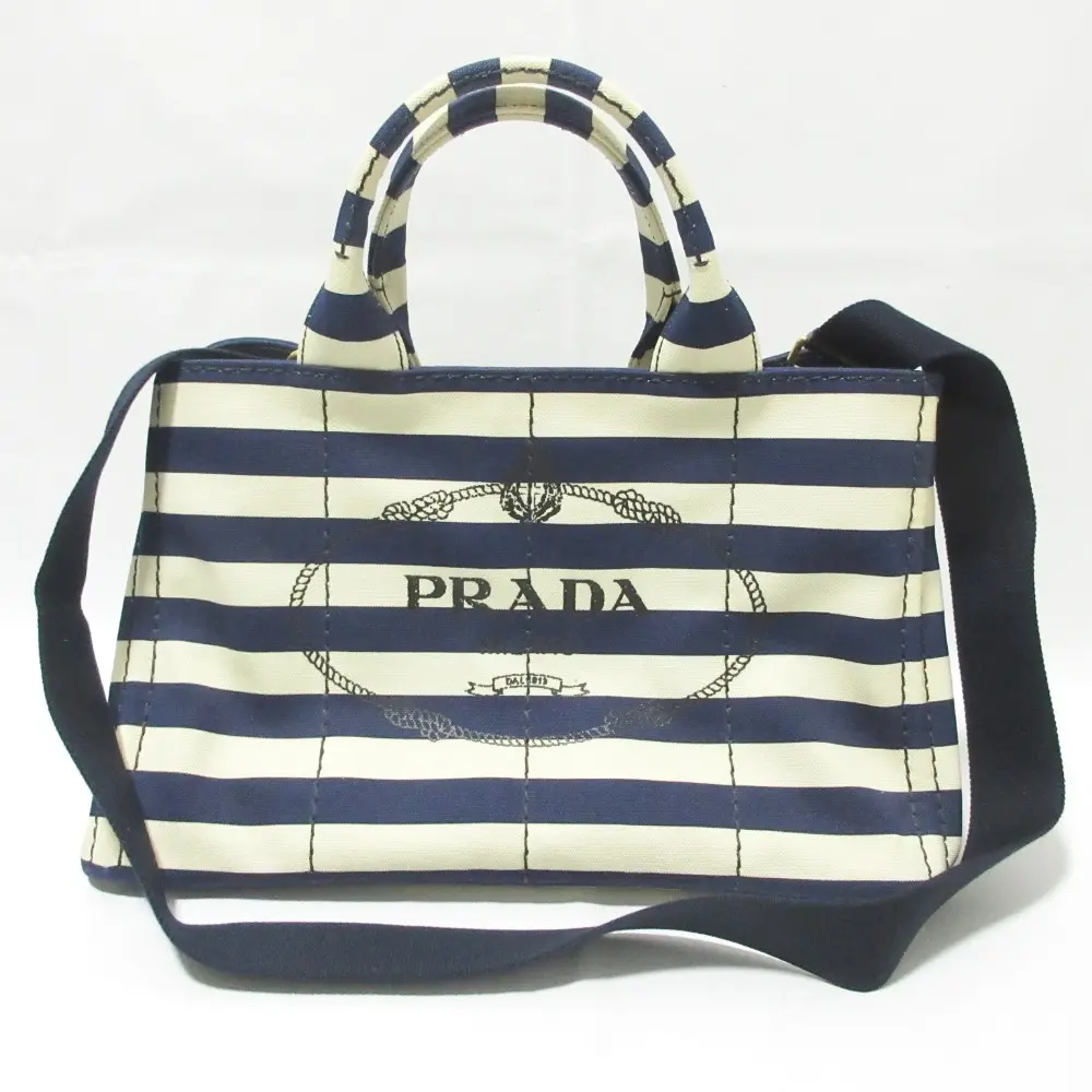 PRADA プラダ カナパ ボーダー柄 キャンバス ショルダーバッグ ハンドバッグ B2642B ネイビー×ホワイト