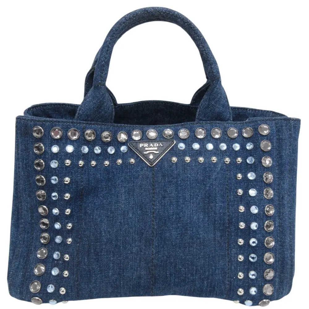 PRADA プラダ カナパ ビジュー トライアングルロゴプレート デニム トートバッグ ハンドバッグ インディゴ