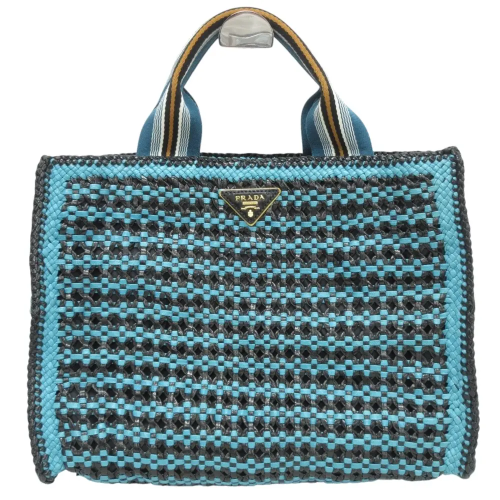PRADA プラダ マドラス トライアングルロゴプレート メッシュレザー 2WAY トートバッグ ショルダーバッグ ブルー ブラック