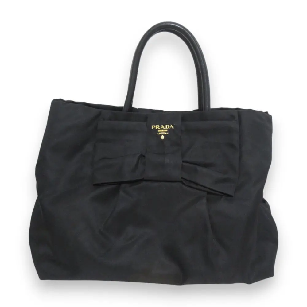 PRADA プラダ リボンモチーフ ナイロン レザーハンドル トートバッグ ハンドバッグ BN1601 ブラック×ゴールド金具