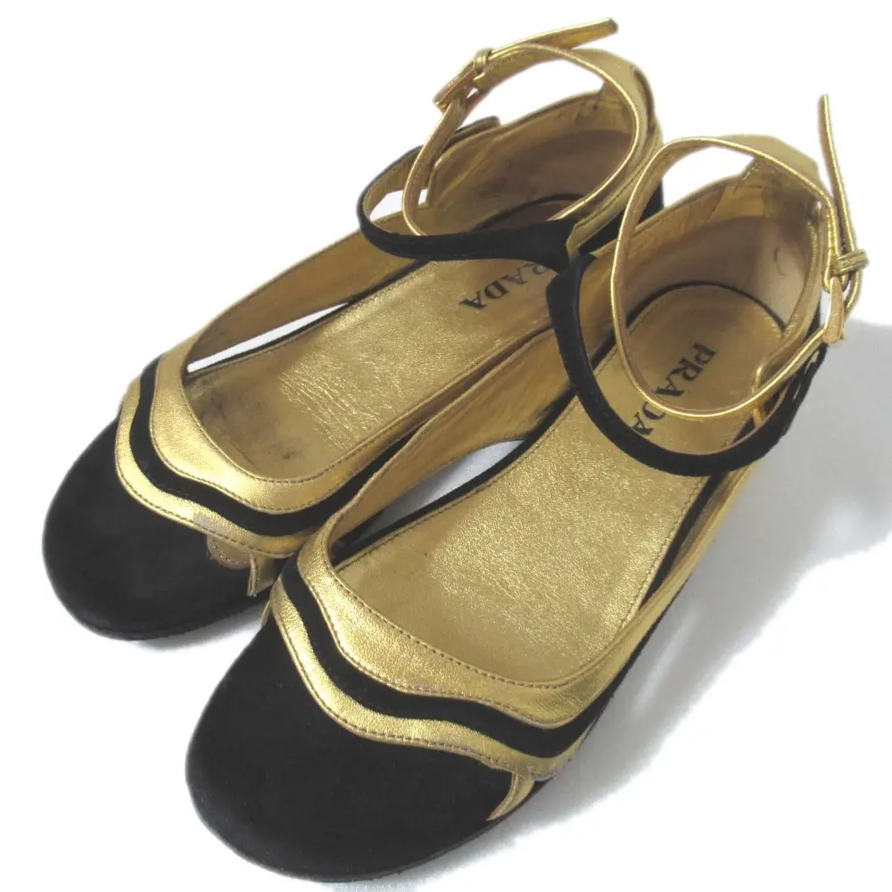 PRADA プラダ スエード レザー アンクルストラップ サンダル 36サイズ 23cm相当 ゴールドカラー ブラック