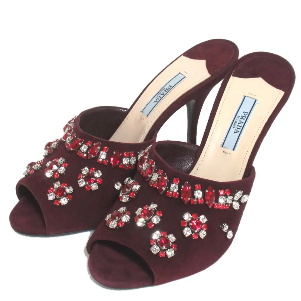 PRADA プラダ スエードレザー ビジュー ハイヒール ミュール サンダル 37サイズ 24cm相当 ボルドー