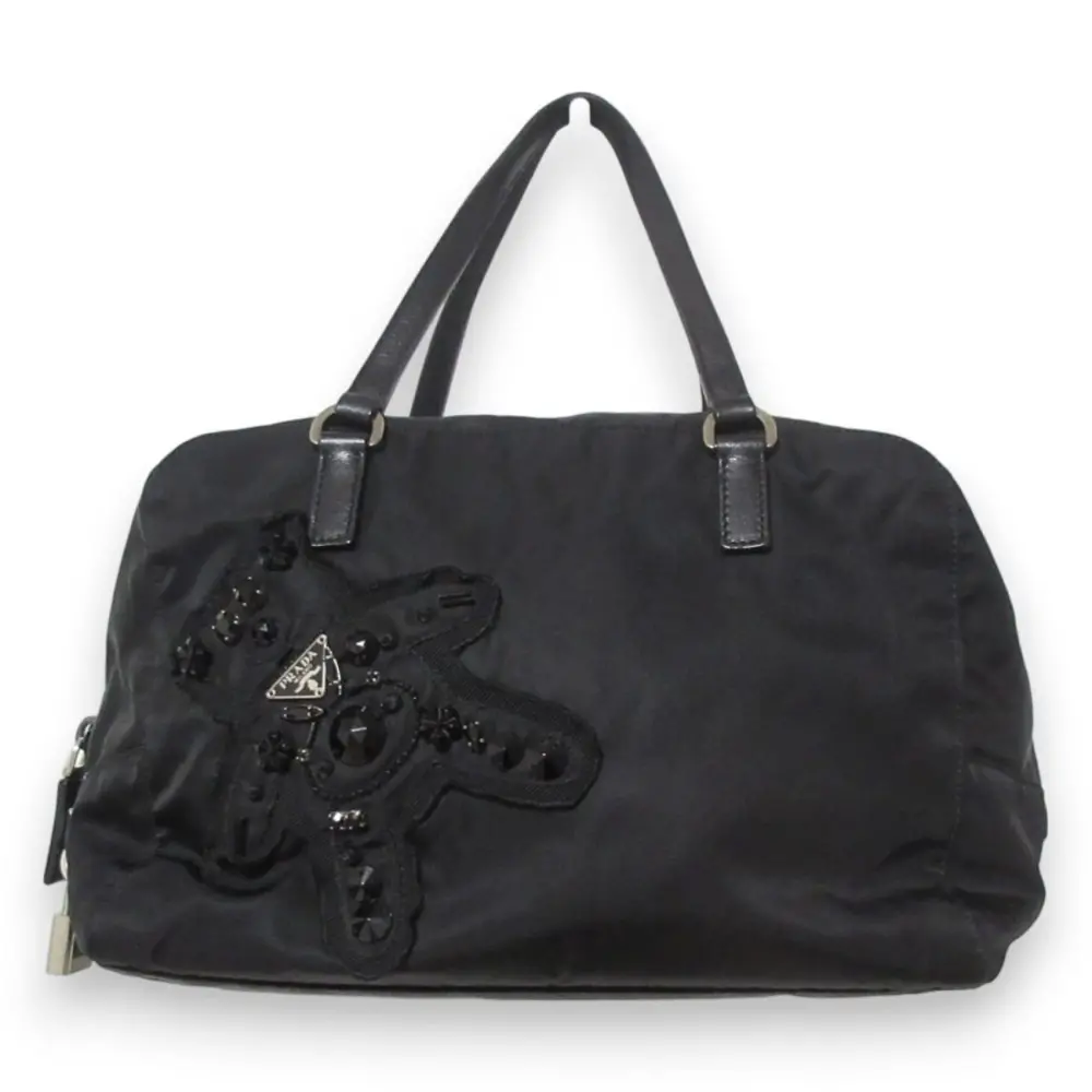 PRADA プラダ イブニングベア トライアングルロゴプレート テスートナイロン ハンドバッグ ブラック