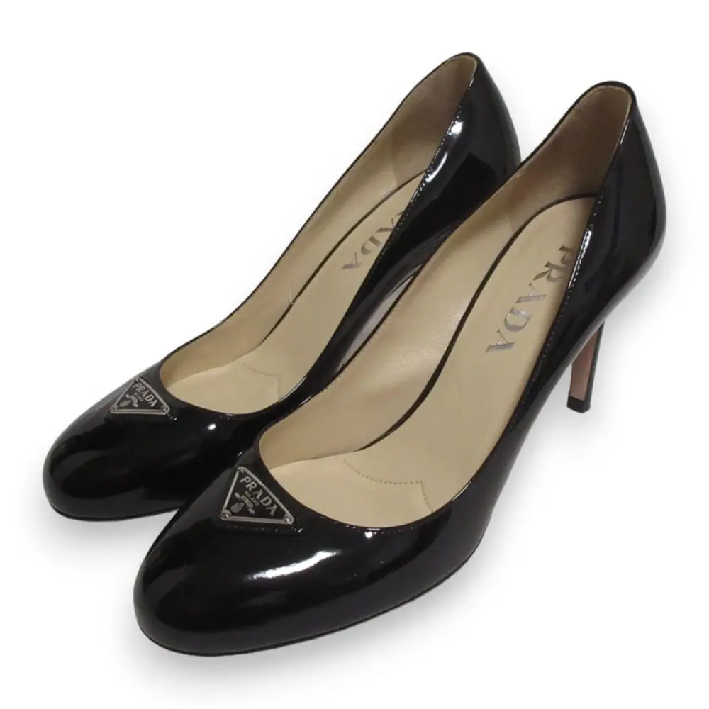 PRADA プラダ パテントレザー エナメル トライアングルロゴ ラウンドトゥ ピンヒール パンプス 36 約23.0cm ブラック