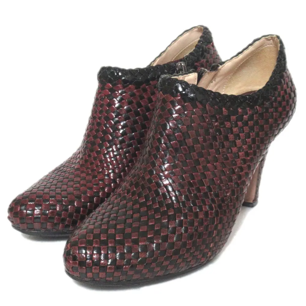 PRADA プラダ レザー メッシュ 編み込み ハイヒール ブーティ ショートブーツ 35.5サイズ 22.5cm ブラック×ボルドー