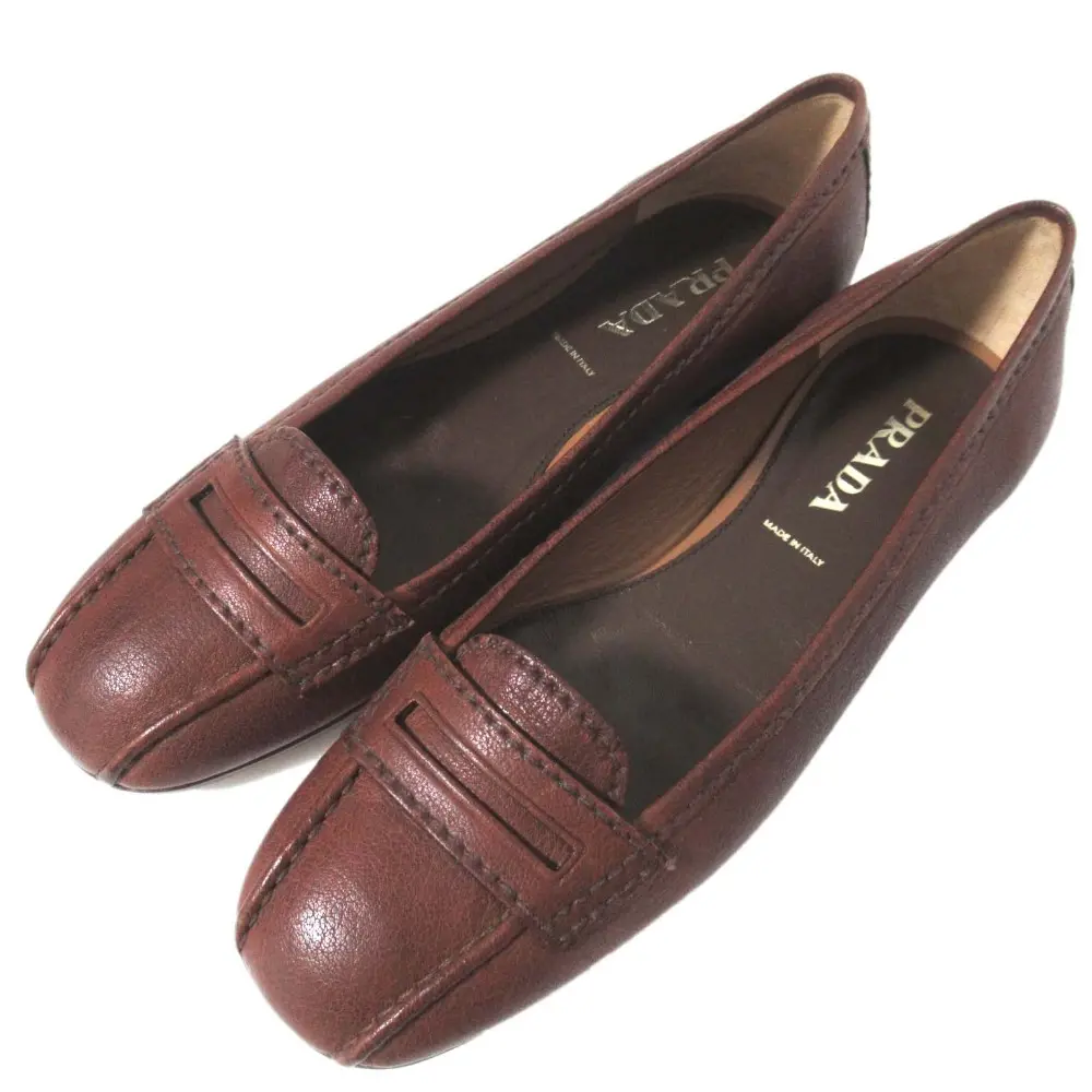 PRADA プラダ レザー スクエアトゥ フラットシューズ パンプス 36サイズ 23cm相当 ブラウン