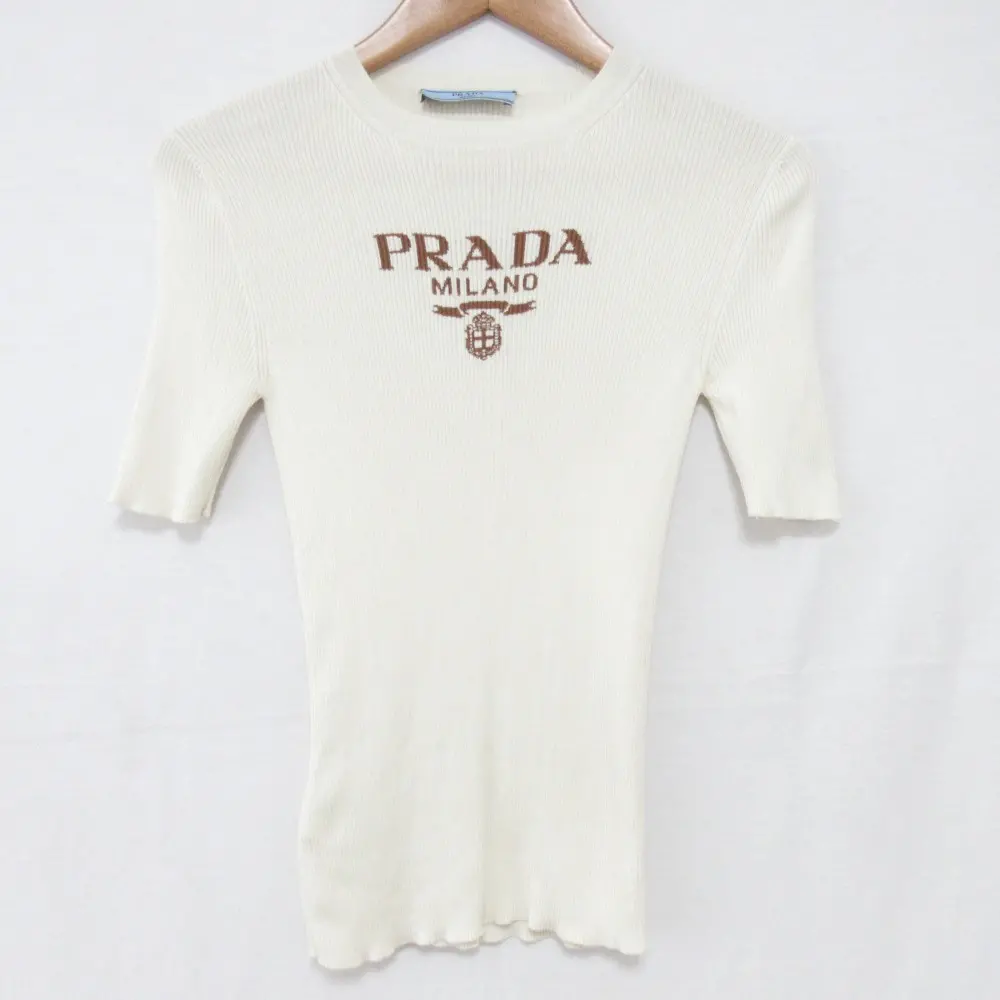 24SS PRADA プラダ ロゴプリント シルク リブニットカットソー P24T1F サイズ36 アイボリー