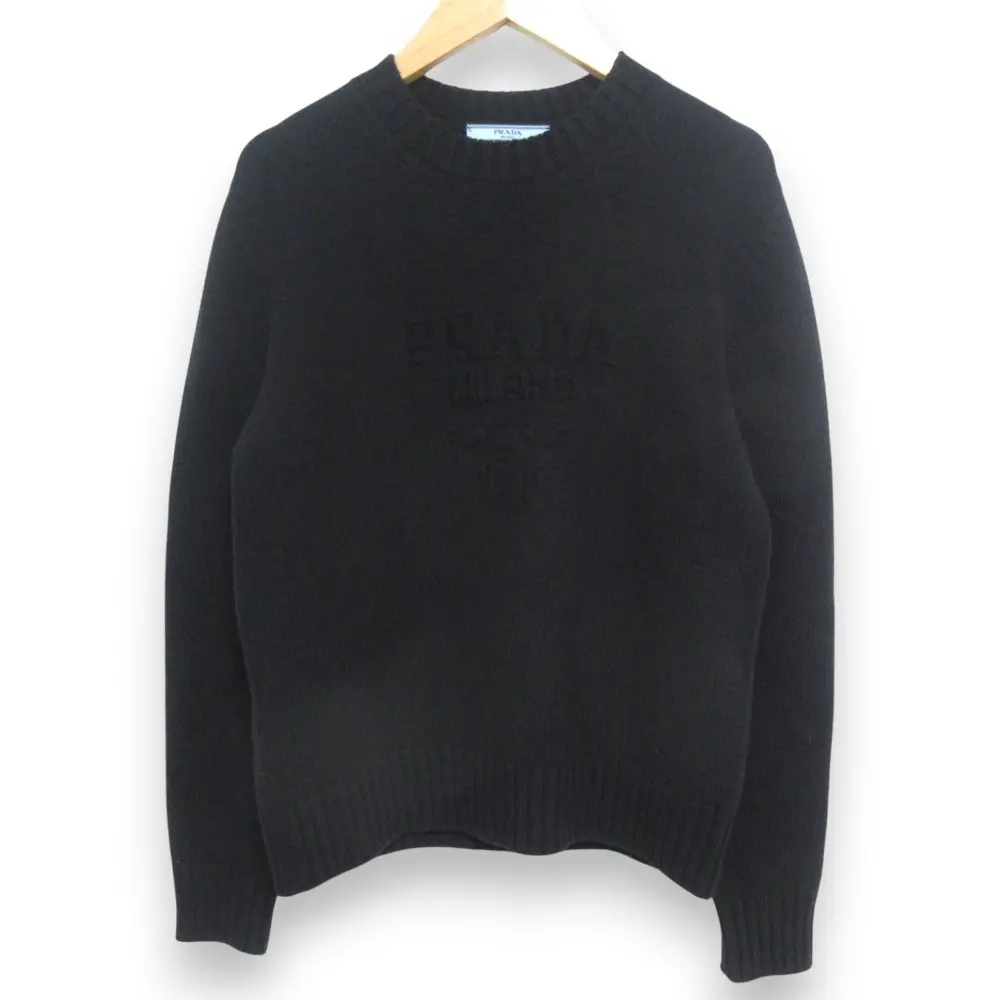 23AW PRADA プラダ ウールカシミヤ 3Dロゴ クルーネック 長袖 プルオーバー ニット セーター サイズ36 ブラック