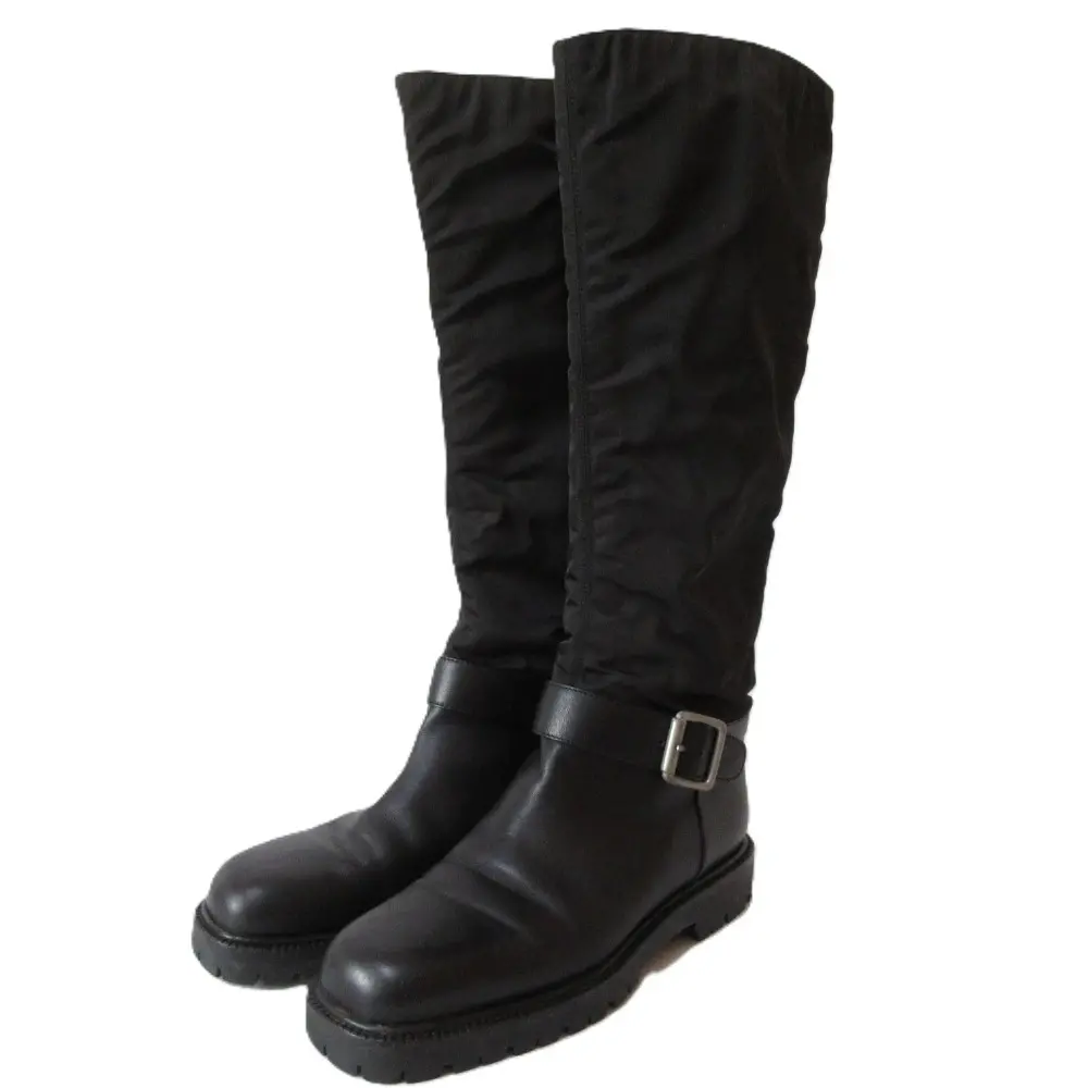 PRADA プラダ ナイロン レザー ベルト エンジニアブーツ ロングブーツ サイズ37 約24cm ブラック シルバー金具